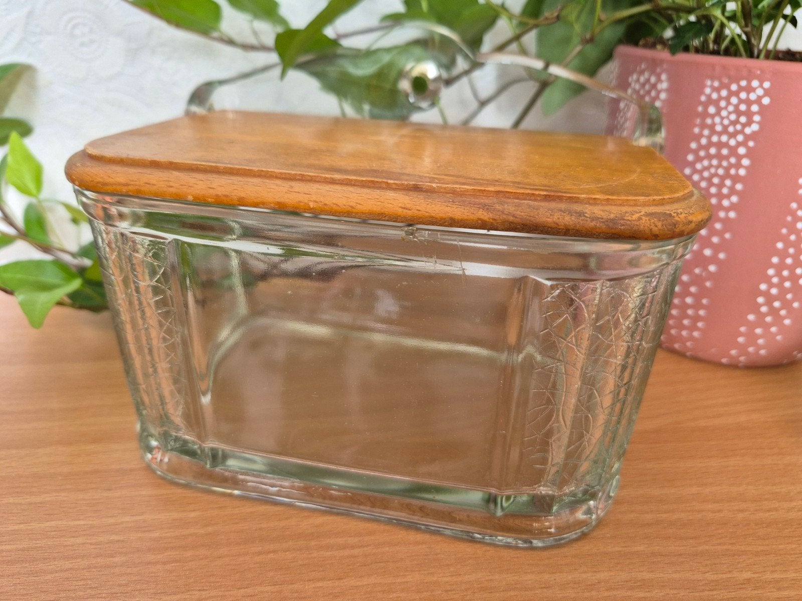 Vintage Franse Glazen Zoutpot met Houten Deksel en Schepje, Ophalen of Verzenden
