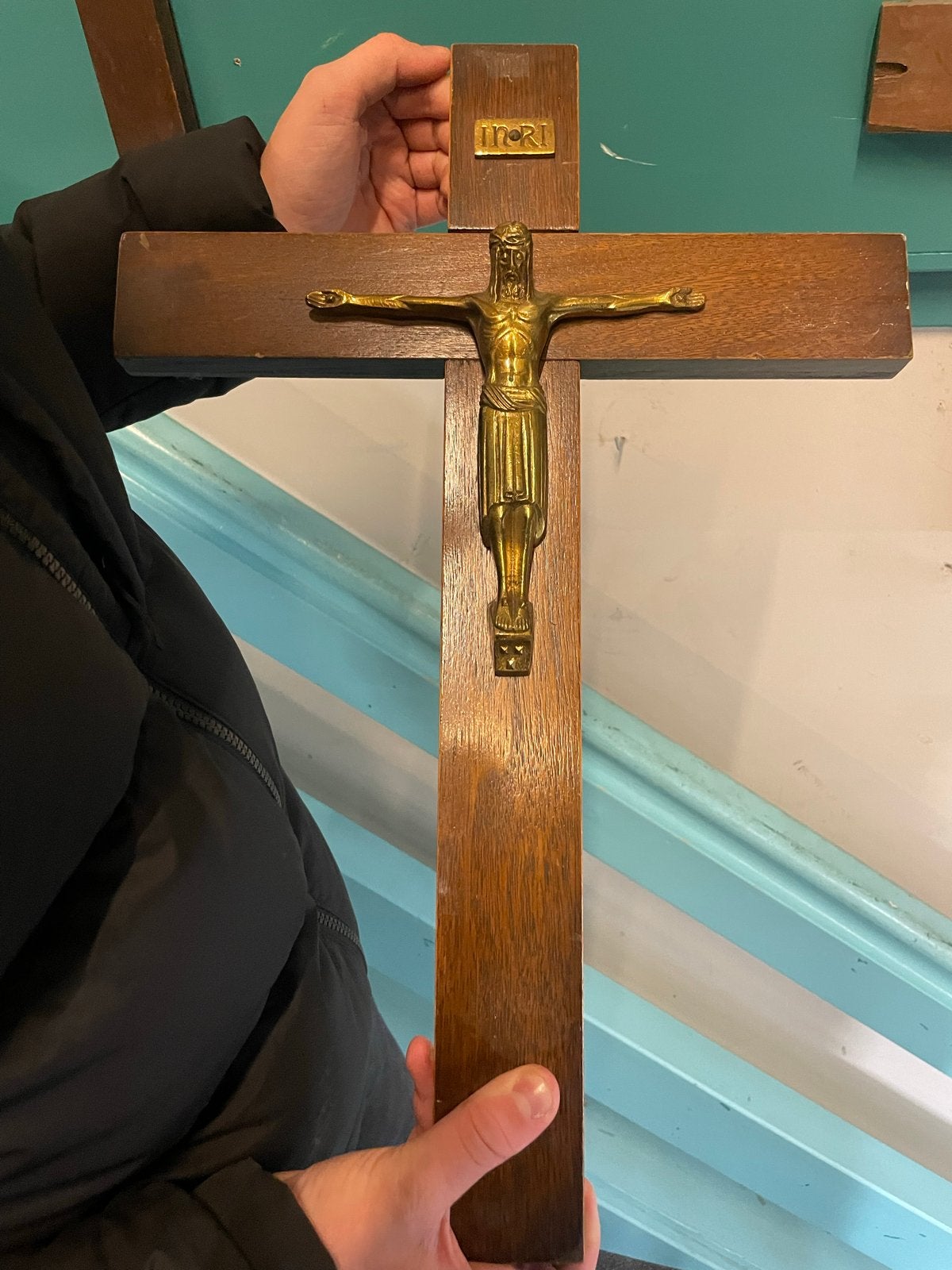 Antiek Houten Kruisbeeld met Jezus Christus Figuur, Antiek en Kunst, Ophalen of Verzenden