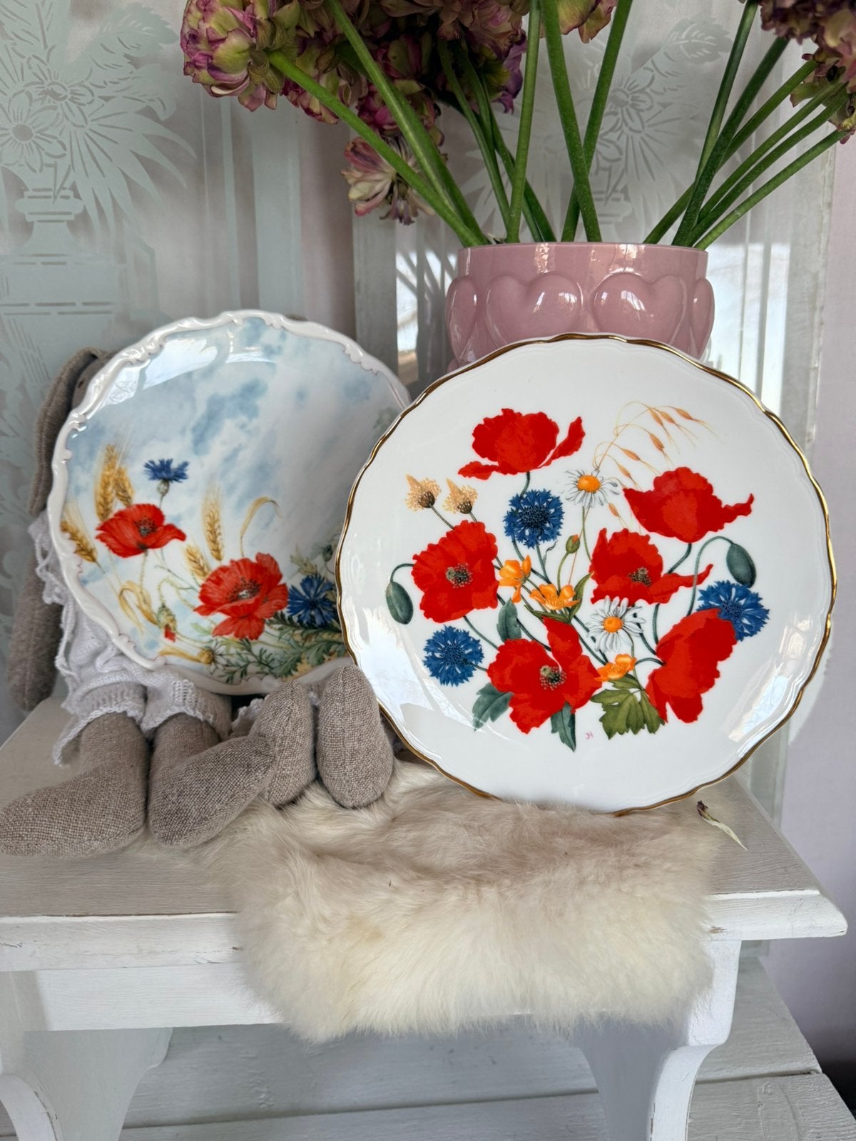 Royal Albert 2x poppies and cornflower bordjes izgst, Ophalen, Verzilverd, Zo goed als nieuw, Bord of Schaal