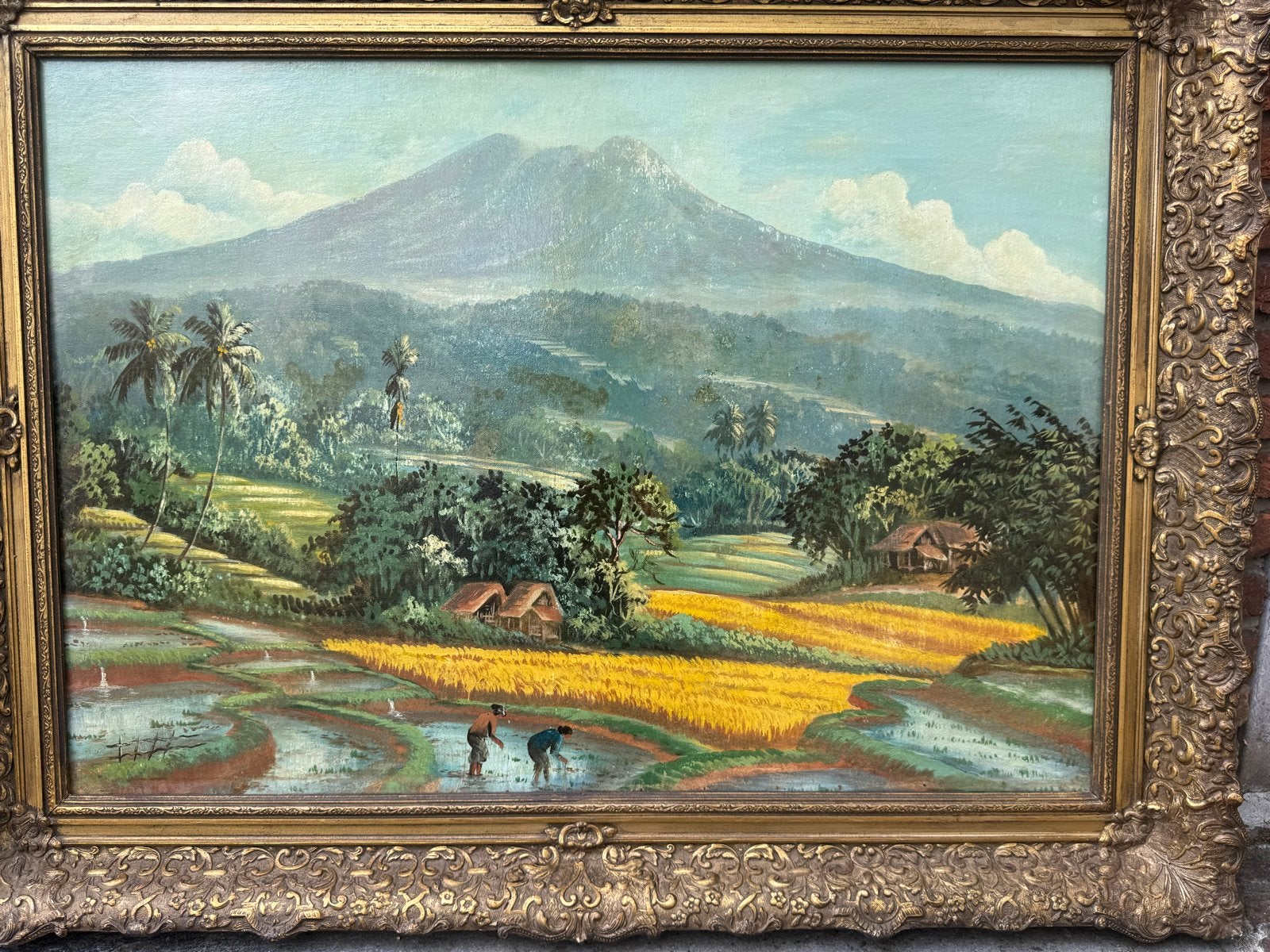 Olieverfschilderij: Indonesisch landschap met rijstvelden, Doek, Realistisch, Ophalen of Verzenden, Landschap