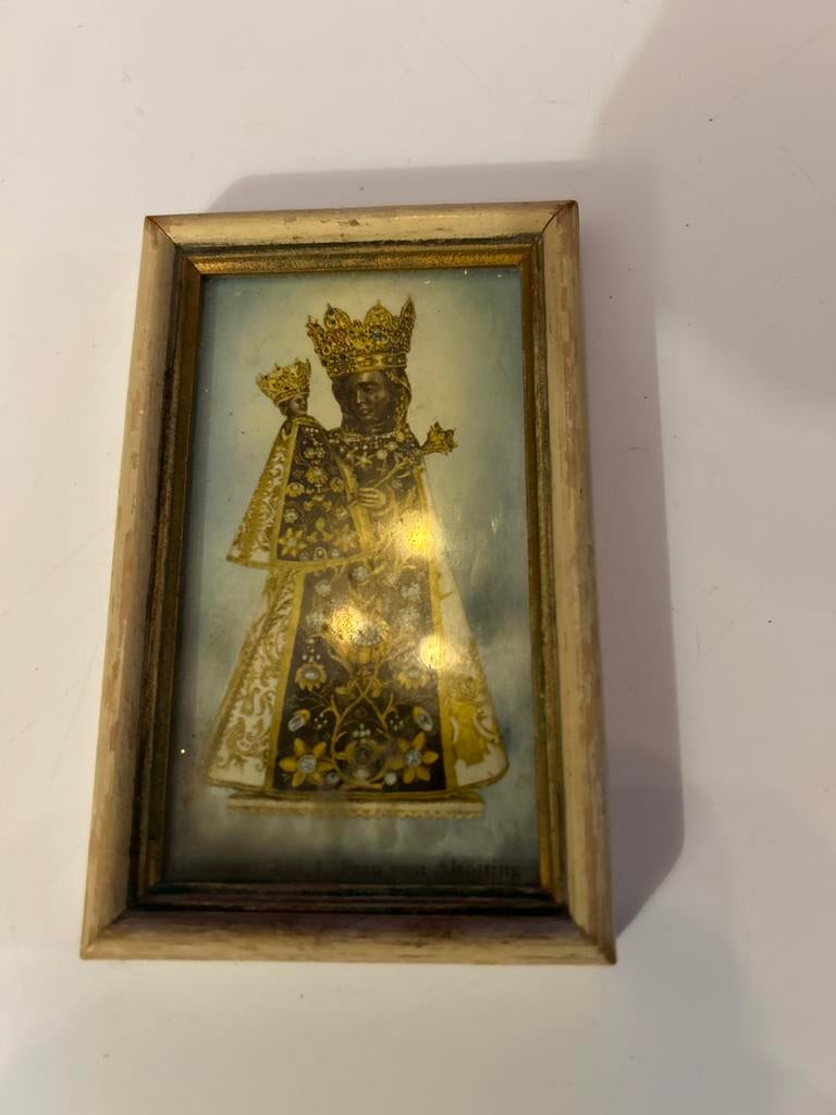 Antiek ingelijst religieus icoon - Maria met kind, Ophalen of Verzenden