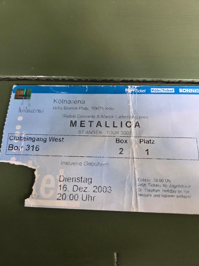 Concertkaart Metallica Köln Arena 16 december 2003, Ophalen of Verzenden, Gebruikt, Overige typen