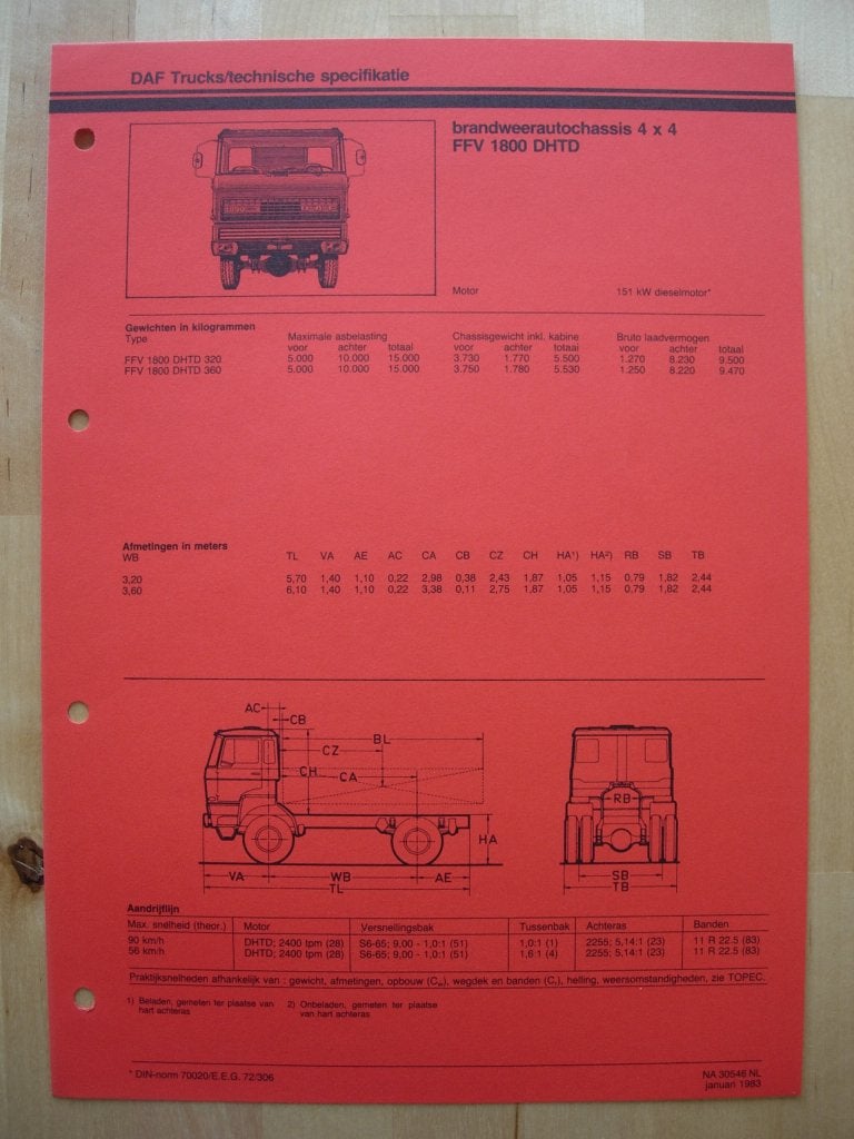 DAF FFV 1800 DHTD Technische Specificatie Folder 1983 – 4x4, Ophalen of Verzenden, Zo goed als nieuw, Overige merken, DAF