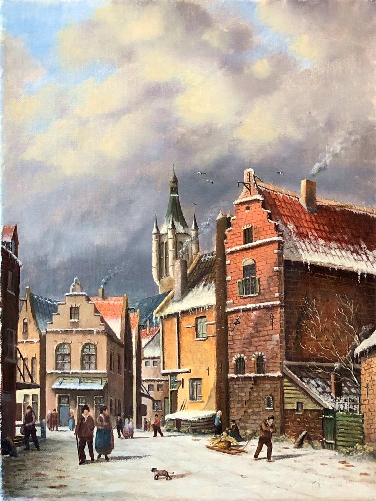 Schilderij  'Stadje in winter', Ophalen of Verzenden