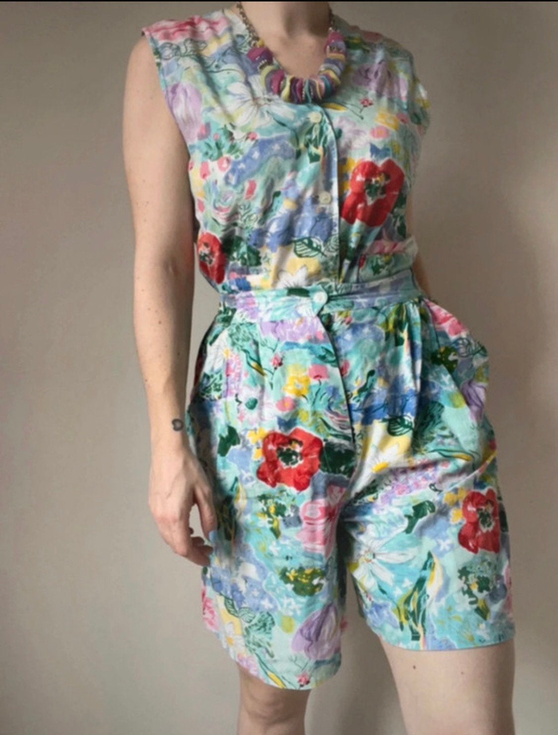 Vintage co-ord/broekpak setje, S/M. Pastel 90s bloem boho, Vintage, Maat 36 (S), Gedragen, Meerkleurig