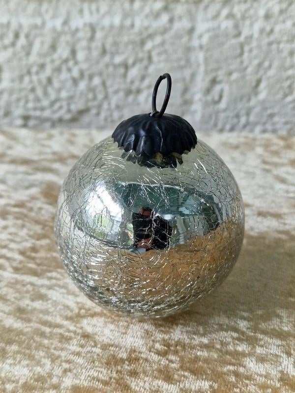Vintage Crackle Glass Kerstbal Zilver Spiegelglas, Ophalen of Verzenden