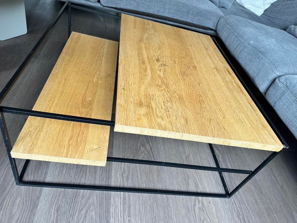 Salontafel hout/zwart metaal – modern, Huis en Inrichting, Tafels | Salontafels, Gebruikt, Minder dan 50 cm, Rechthoekig, Overige houtsoorten