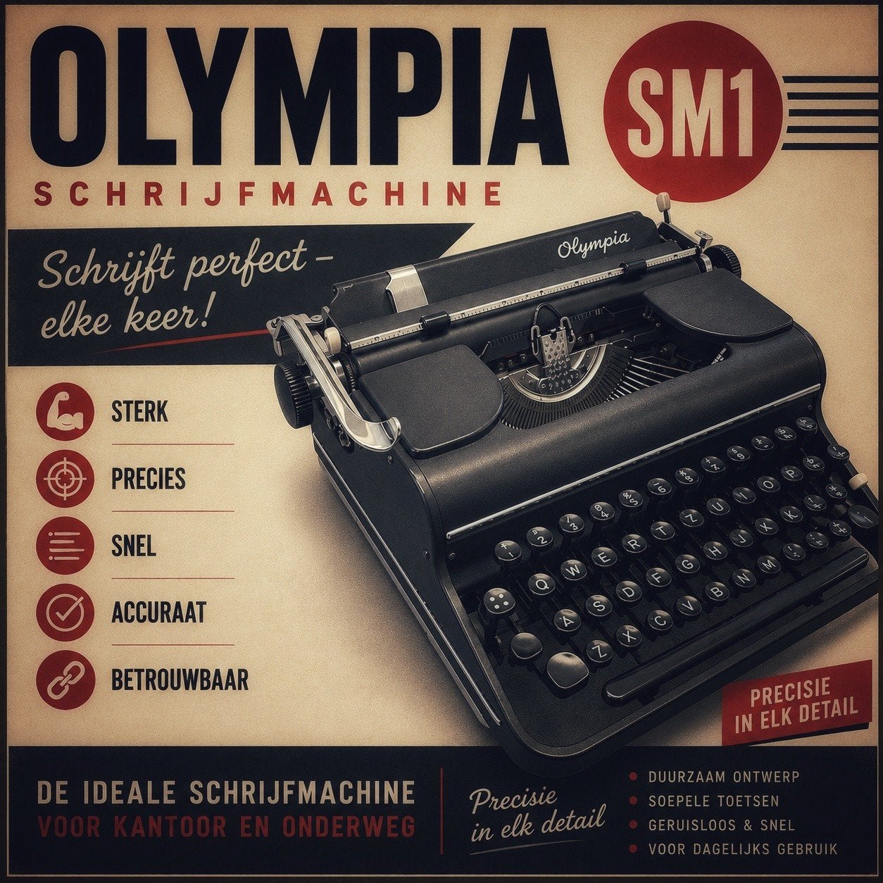 Olympia SM1 uit 1950, vakkundig gereviseerd, zeldzaam zwart, Ophalen of Verzenden, Gebruikt