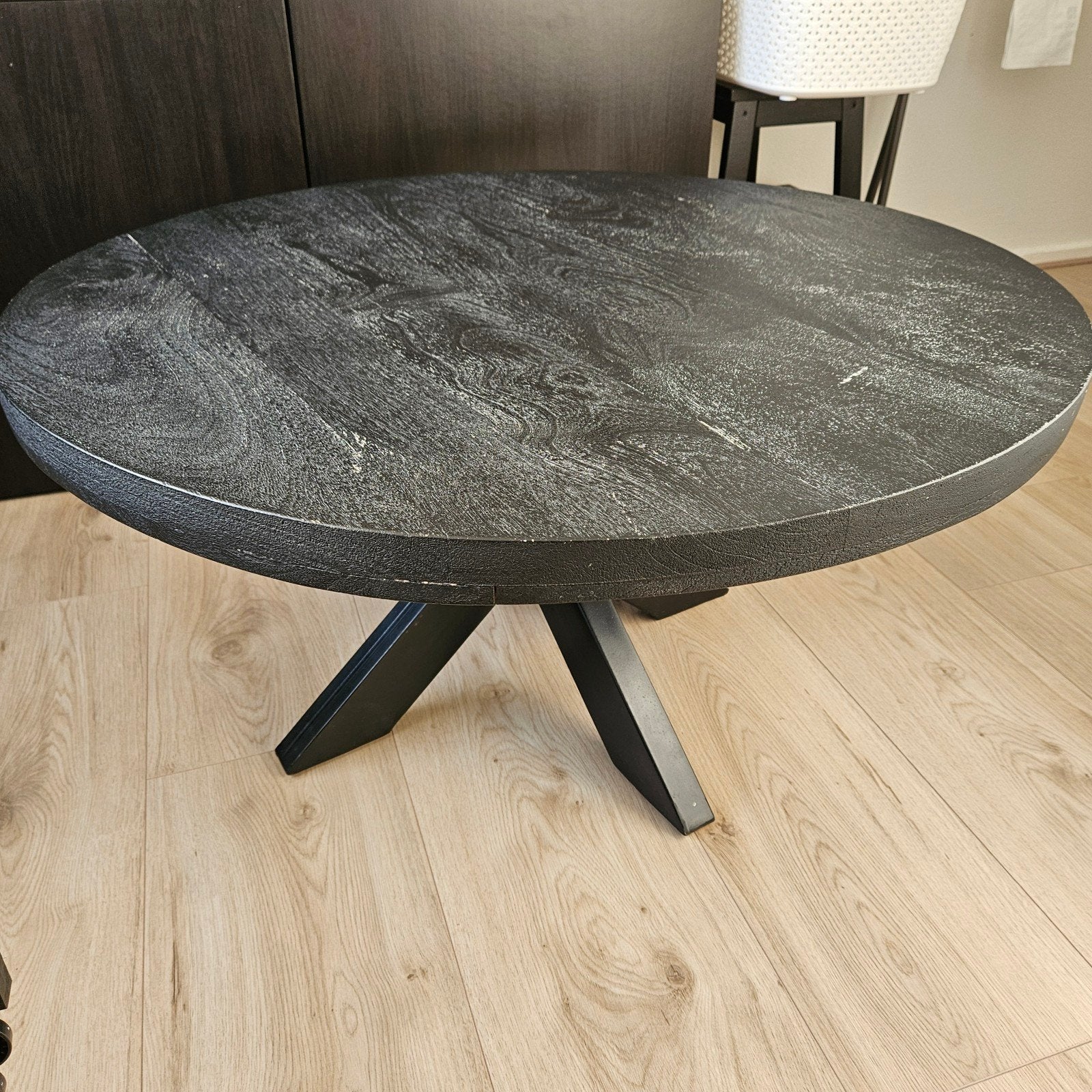 Salontafel rond zwart hout met stalen spinpoot, Ophalen, Gebruikt, 50 tot 100 cm, Rond