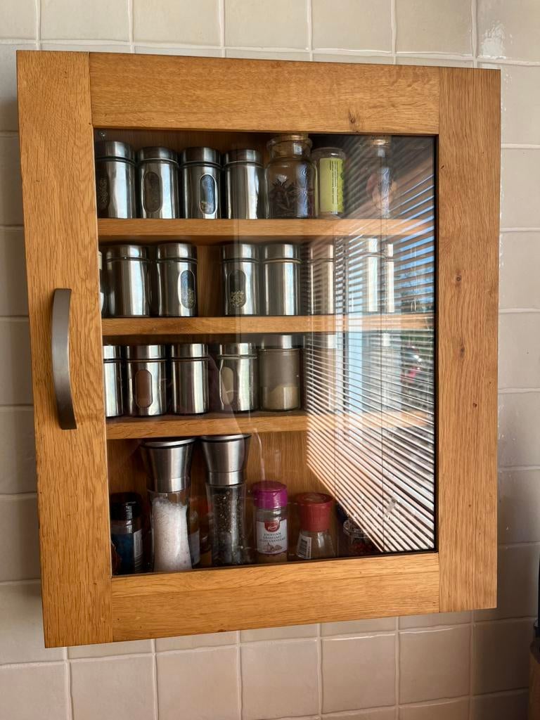 Eikenhouten kruiden of vitrine kastje, Ophalen, Gebruikt, 50 tot 100 cm, Minder dan 100 cm