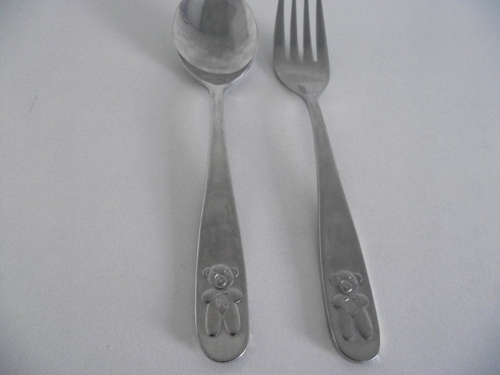vintage RVS kinderbestek set Beer + strik vork lepel 1960 ps, Ophalen of Verzenden