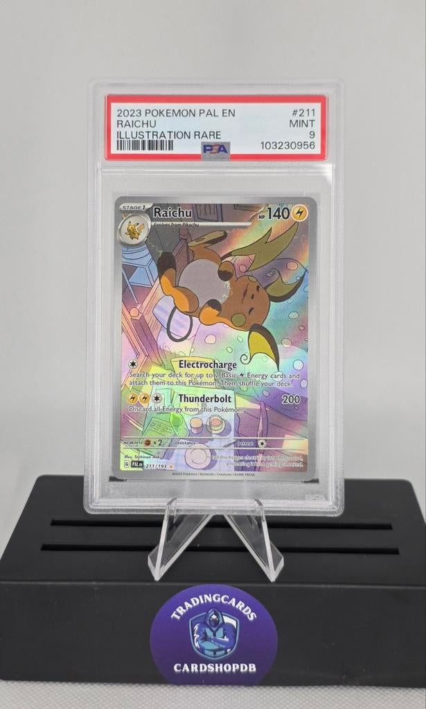 Raichu 211 PSA 9 - 2023 Pokemon Pal en Illustration Rare, Ophalen of Verzenden, Zo goed als nieuw, Losse kaart