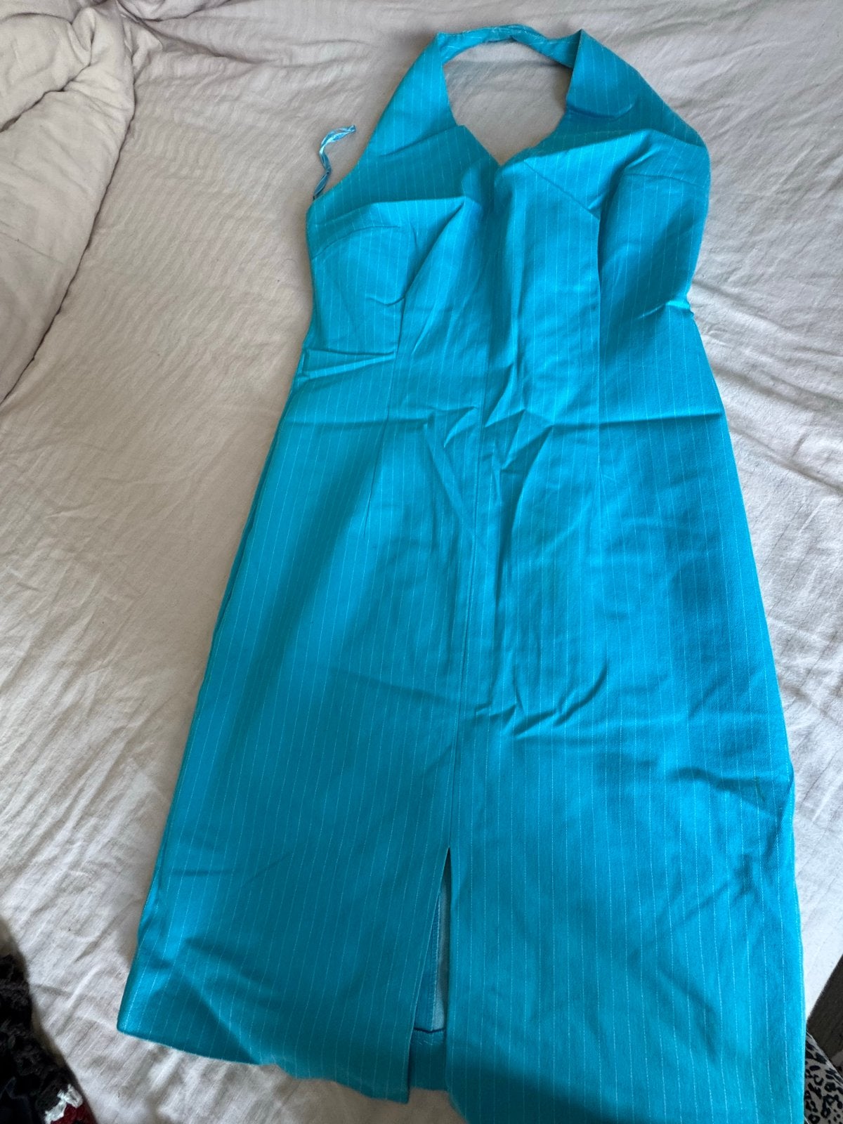 Turquoise Halterjurk met Krijtstreep, Maat 38/40 (M), Overige kleuren, Ophalen of Verzenden, Gedragen