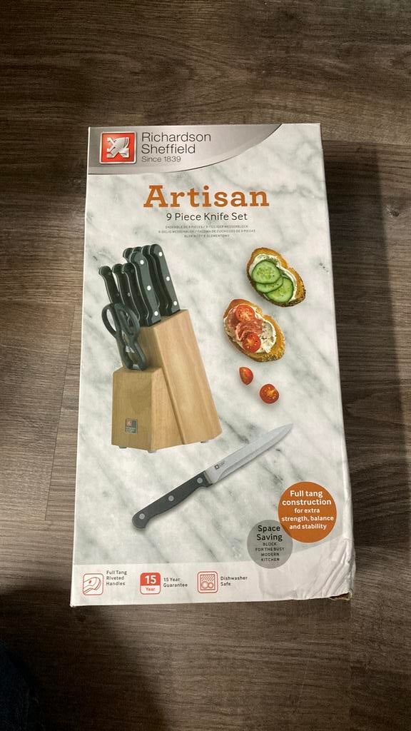 Messen set met blok nieuw, Ophalen of Verzenden, Zo goed als nieuw, Rvs of Chroom