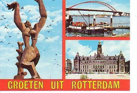 Ansichtkaart 	Rotterdam	3-luik	beeld De Verwoeste Stad, Verzenden, 1960 tot 1980, Ongelopen, Zuid-Holland