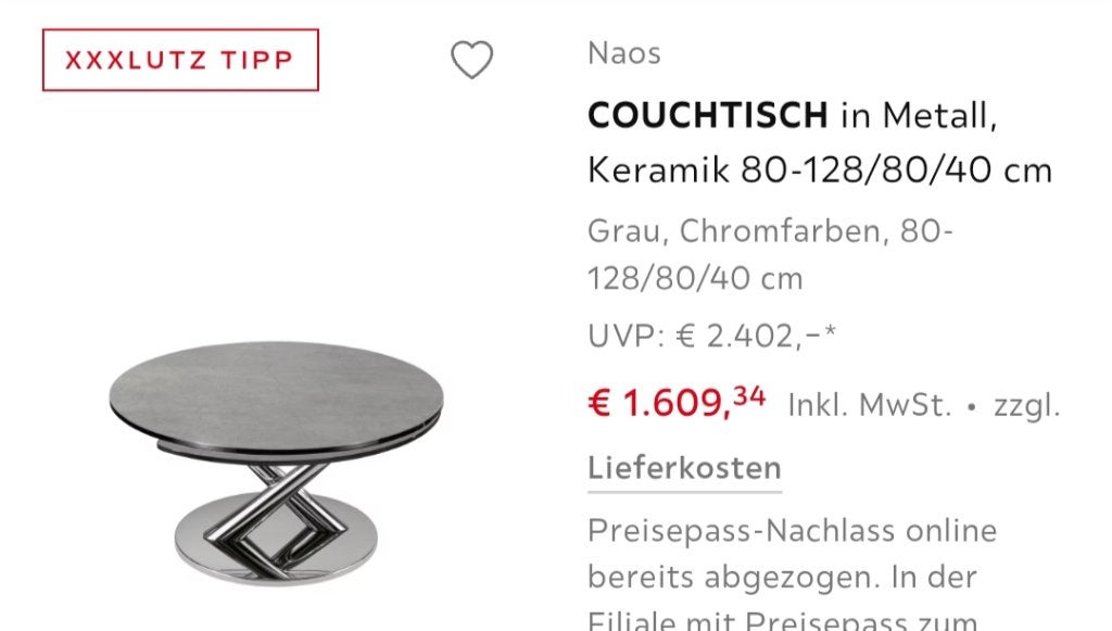 Design tafel Naos XXXLutz Duitsland, Ophalen, Overige materialen, 100 tot 150 cm, Rond