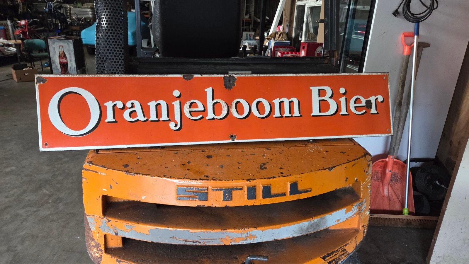 oranjerood emaille reclamebord, Ophalen, Gebruikt, Reclamebord