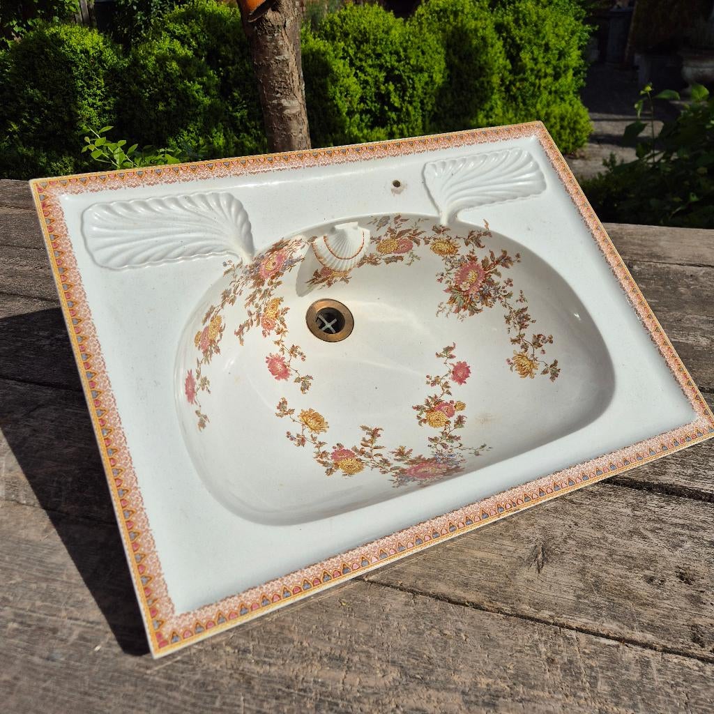 Antieke wastafel met bloemen en decorrand 64x46cm, Ophalen