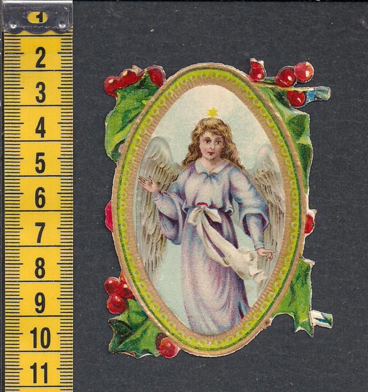 Kerst Zweefengel lila met goud antiek poezieplaatje (571), Verzamelen, Poesieplaatjes, Ophalen of Verzenden