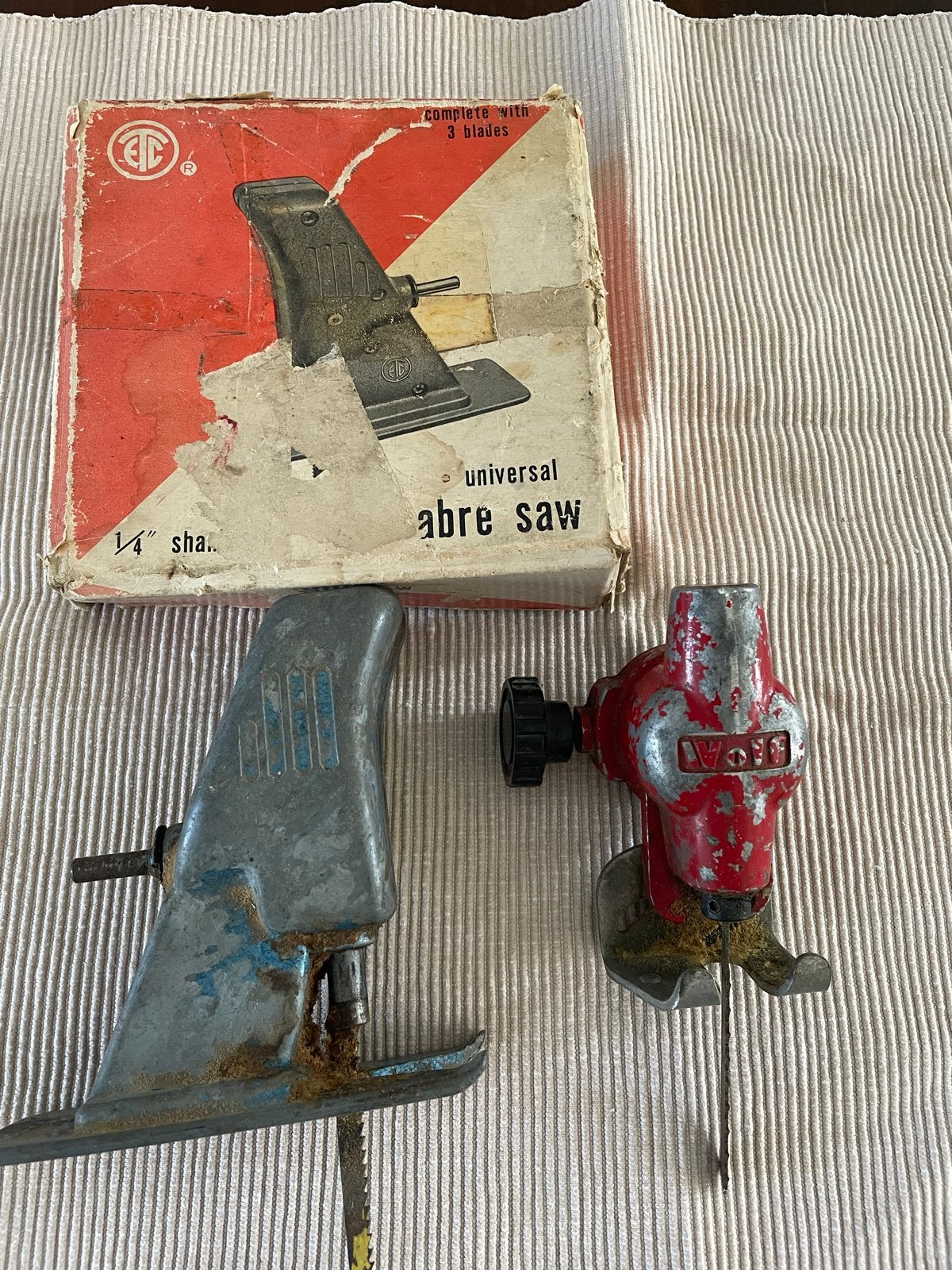 2x Vintage Decoupeerzaag Opzetstuk voor Boormachine, Ophalen of Verzenden, Gebruikt, Decoupeerzaag