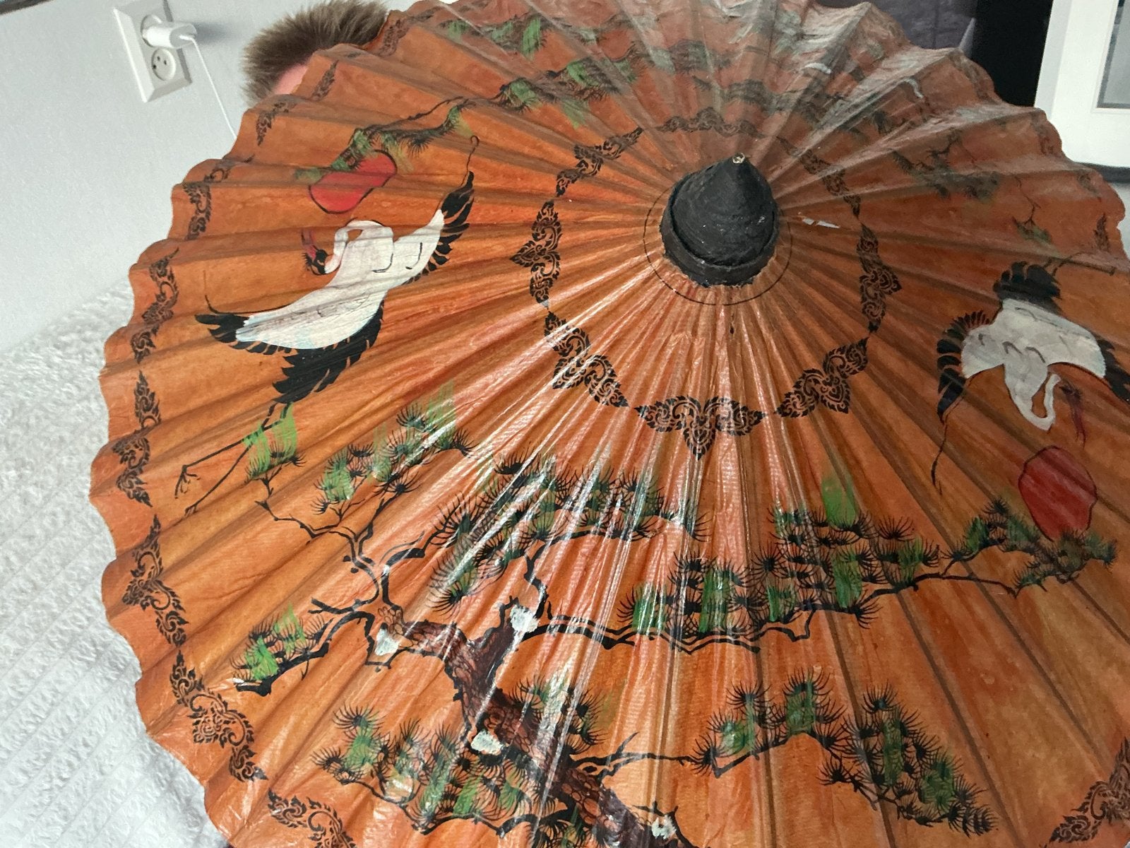 Vintage Oosterse Paraplu met Kraanvogels en Pijnbomen, Ophalen of Verzenden