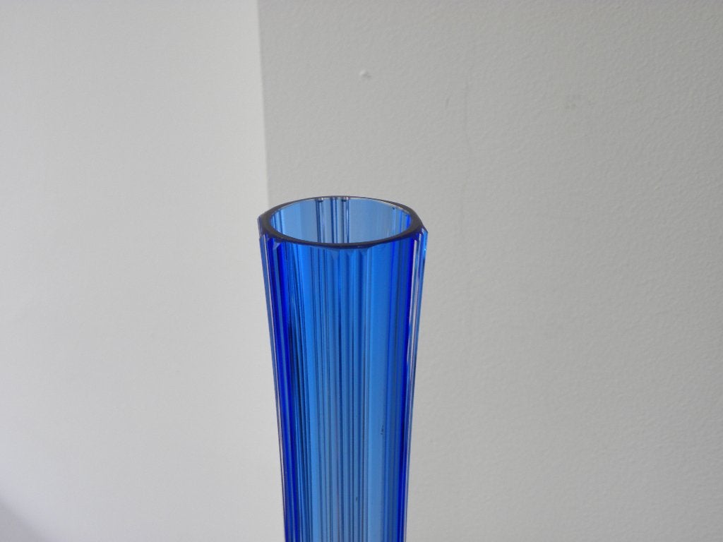Hoge Art Deco Vaas - Blauw/Transparant - Boheems Glas, Ophalen of Verzenden