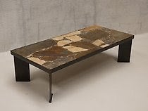 Brutalist Salontafel met Ingelgde Stenen en Metalen Onderste, Ophalen, Gebruikt, 100 tot 150 cm, 50 tot 100 cm