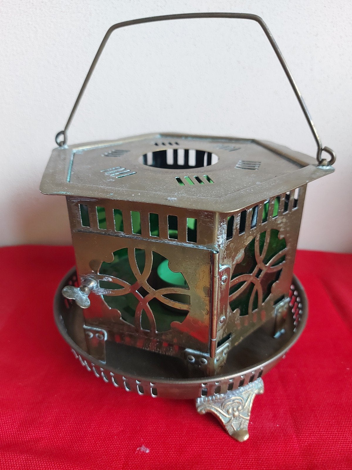 Antieke theewarmer of rechaud (theelicht) met groene glazen, Antiek en Kunst, Ophalen of Verzenden