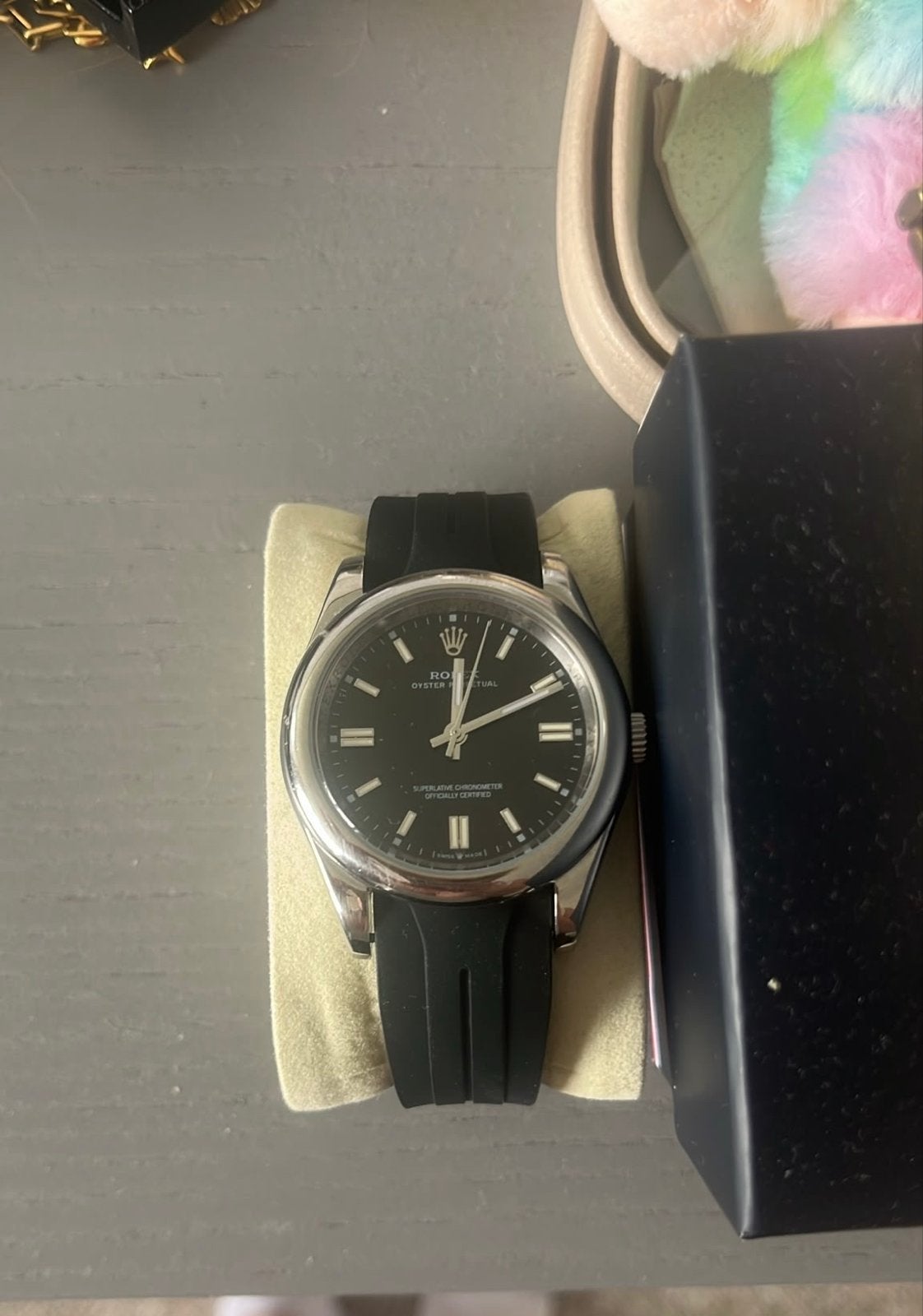 Rolex Oyster Perpetual met rubberen band en stalen schakels, Gebruikt, Polshorloge, Kunststof, Ophalen of Verzenden