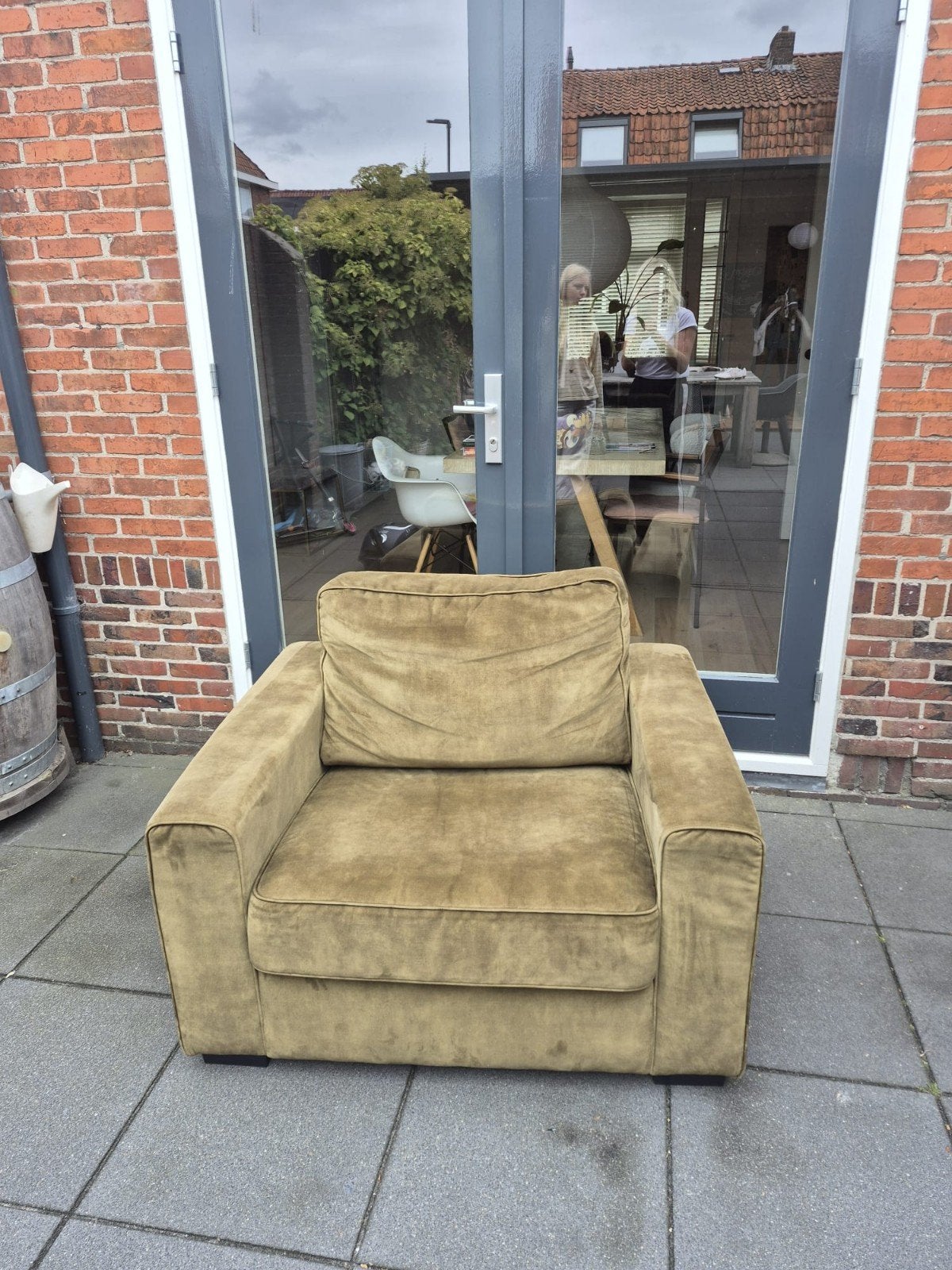 Comfortabele fauteuil in olijfgroen, Ophalen, Gebruikt, 75 tot 100 cm, 100 tot 125 cm