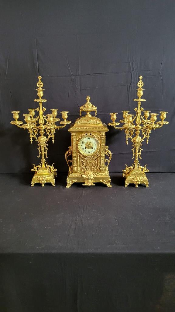 (1) Frans Bronzen Regency Pendule met Kandelaren ca.1890, Antiek en Kunst, Ophalen of Verzenden