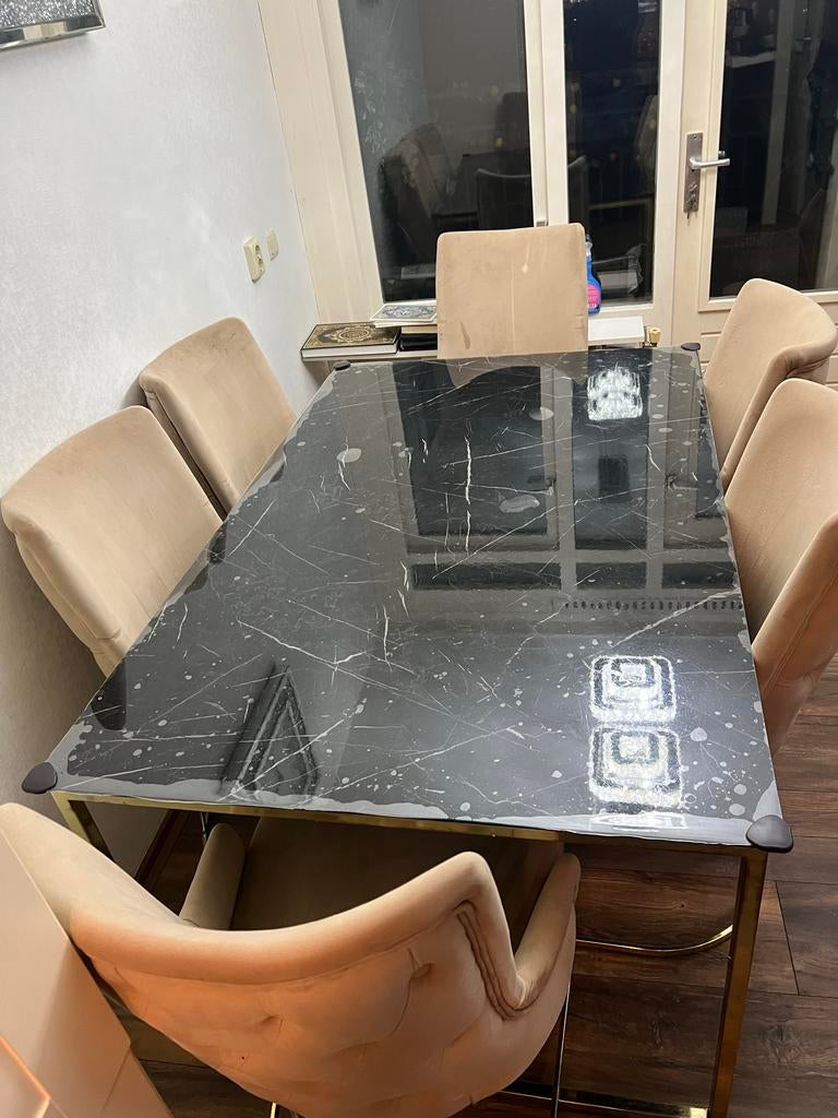 Elegante eettafel met marmerlook en 6 stoelen, Huis en Inrichting, 100 tot 150 cm, Zo goed als nieuw, Metaal, Vier personen