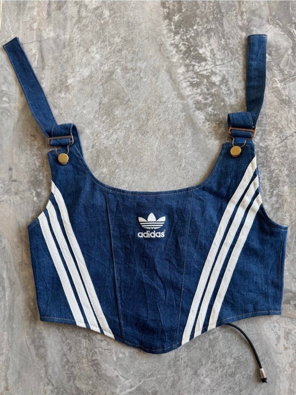 Vintage Customized Adidas Corset Crop Top Denim Donkerblauw, Verzenden, Nieuw, Blauw, Zonder mouw