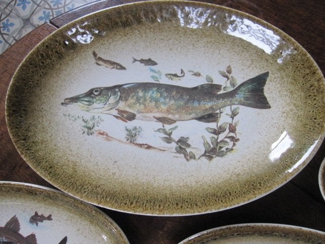 Vintage vis servies, grote schaal en 6 ovale borden, Huis en Inrichting, Keuken | Servies, Ophalen of Verzenden, Zo goed als nieuw