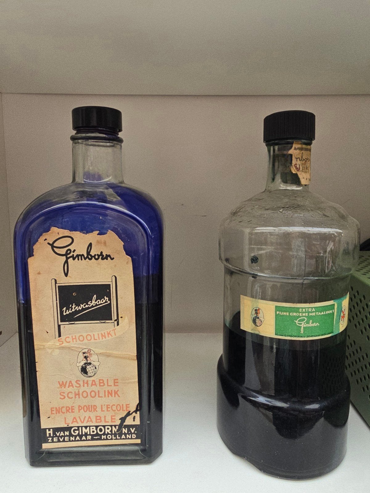 2x antieke Gimborn Grote Liter flessen inkt samen €69, Ophalen of Verzenden