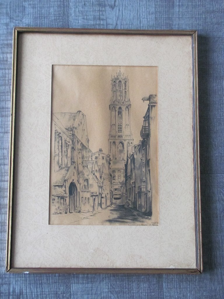 tekening Utrecht - Buurtkerkhof met Dom, Antiek en Kunst, Ophalen of Verzenden, Tekening, Houtskooltekening, Gesigneerd