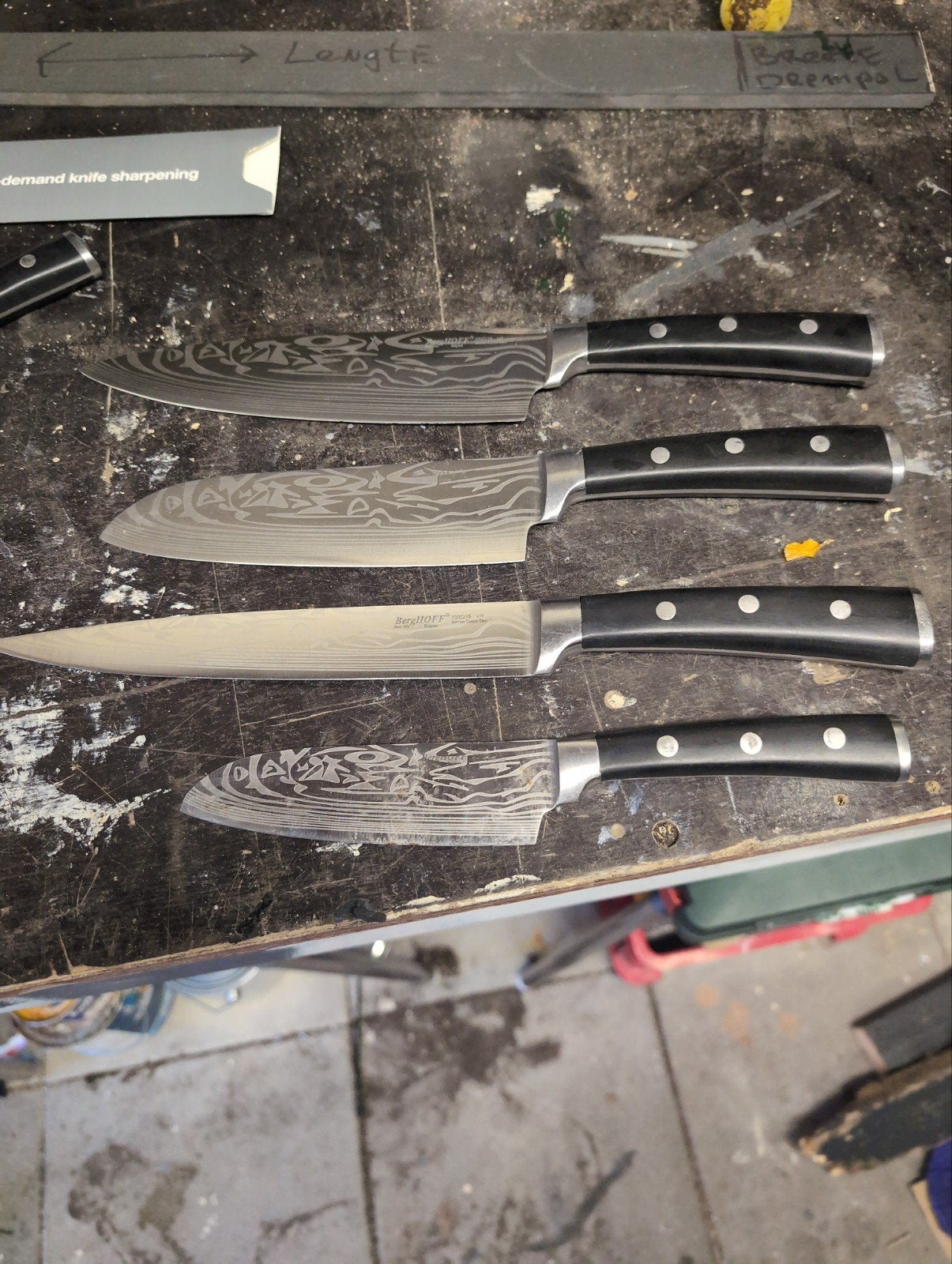 Set van 4 Bergoff Damascus Keukenmessen - Zo goed als nieuw, Overige typen, Ophalen of Verzenden, Zo goed als nieuw, Zwart