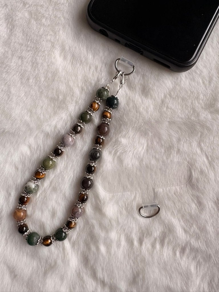 Telefoonkoord Indische agaat 8mm x Tijgeroog 6 mm - Deluxe, Telecommunicatie, Ophalen of Verzenden, Nieuw, Telefoonhanger of Accessoire