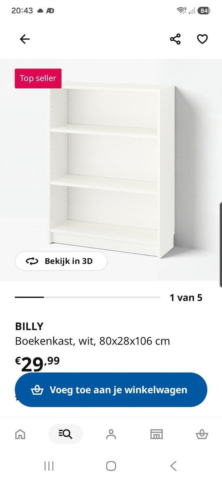 IKEA Billy Boekenkast Wit 80x28x106 cm - Nieuw in doos, 200 cm of meer, Nieuw, 25 tot 50 cm, 50 tot 100 cm