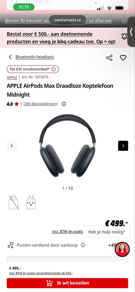 Apple AirPods Max Draadloze Koptelefoon Midnight, Audio, Tv en Foto, Koptelefoons, Ophalen of Verzenden, Zo goed als nieuw, Over oor (circumaural)