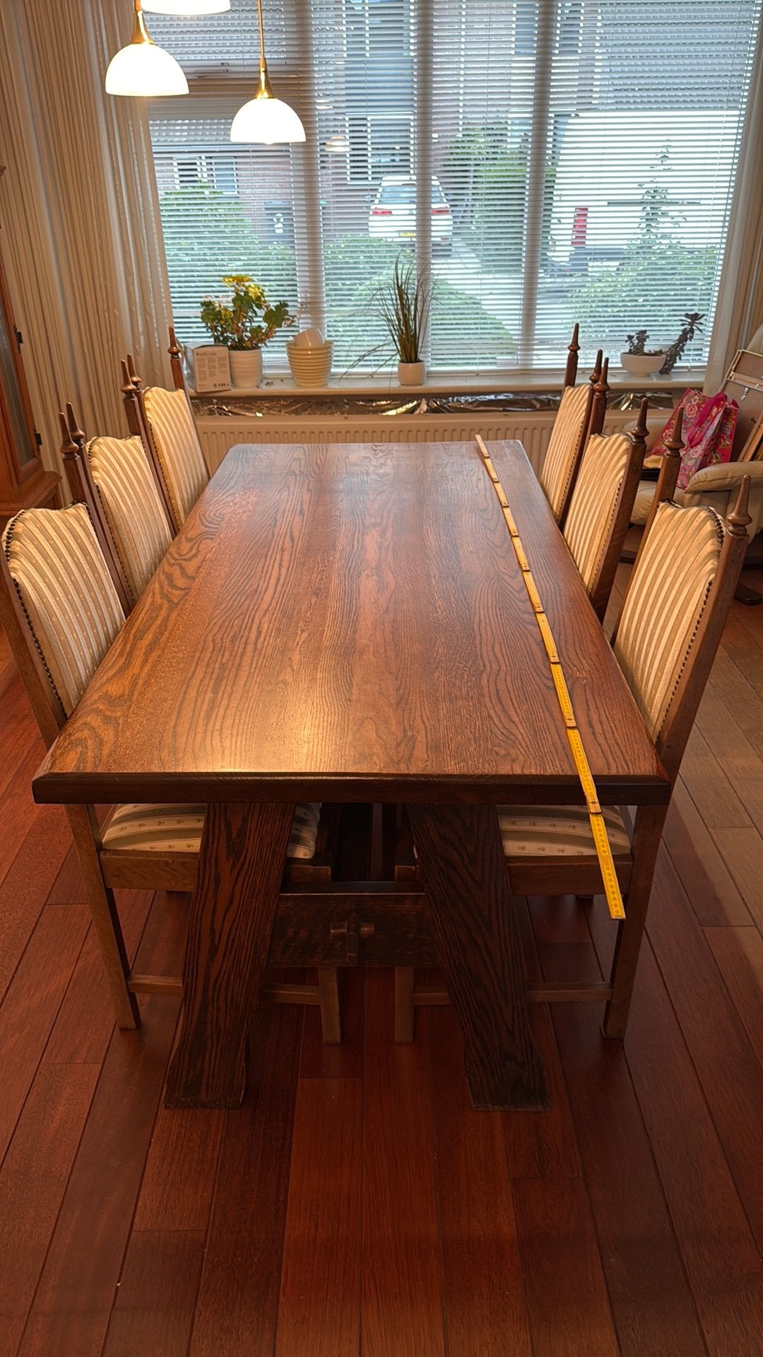 Massief houten tafel met 6 stoelen, Ophalen, Gebruikt, 50 tot 100 cm, Vijf personen of meer