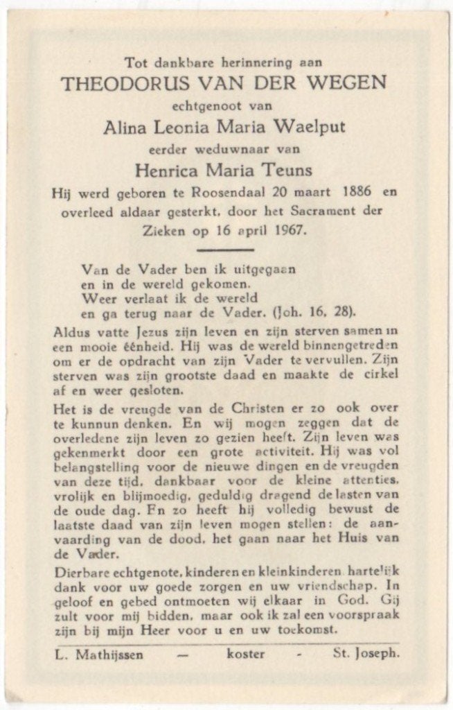 Theodorus van der Wegen 1886 Roosendaal + 1967, 81 jaar oud, Verzamelen, Ophalen of Verzenden