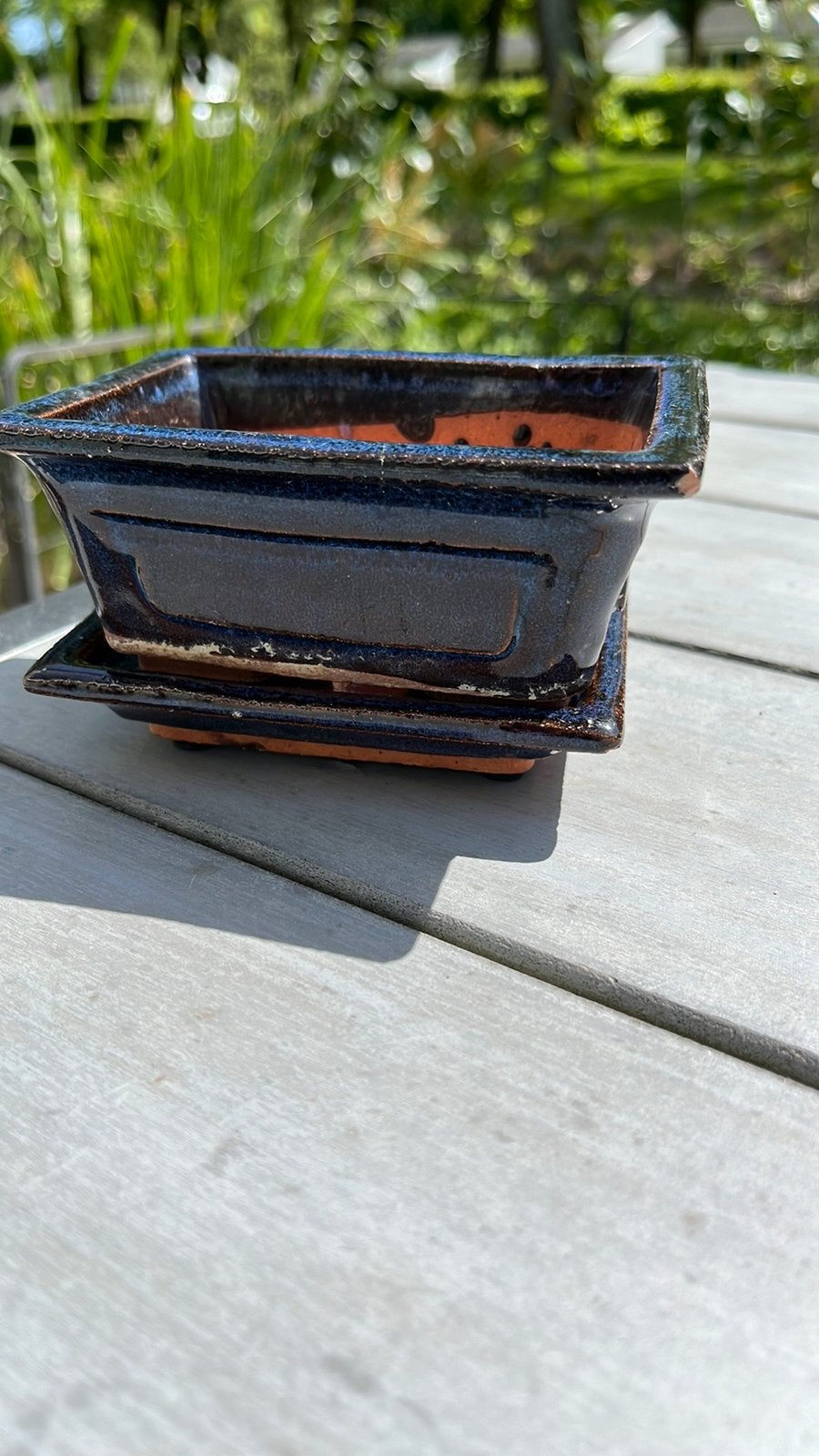 Bonsai bakje klein, blauw glazuur, inclusief onderschotel., Ophalen of Verzenden, Zo goed als nieuw, Rechthoekig, Aardewerk