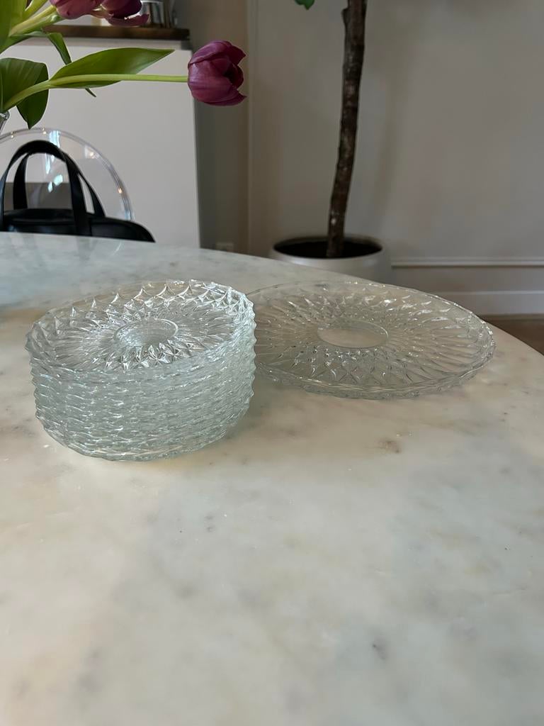 Vintage glazen taartbord met gebaksbordjes, Ophalen