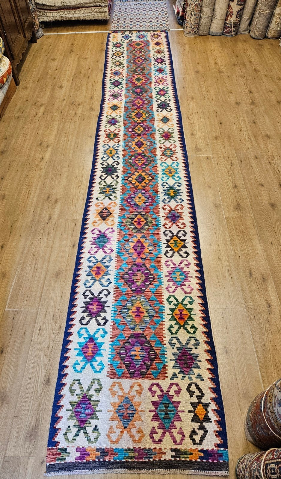 handgeweven oosterse wollen kelim loper 487x78, Info@SlatsAntiek.nl, Vof Slats Antiek, Geel, Kelim