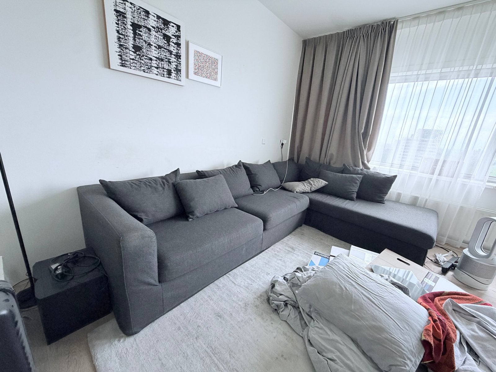Grote grijze hoekbank met chaise longue, Ophalen, 250 tot 300 cm, 125 tot 150 cm, Hoekbank