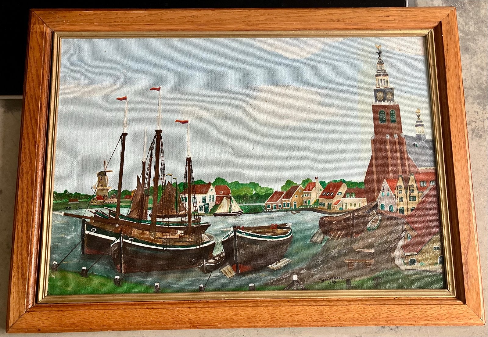 Schilderij Warnaar - Haven met schepen - rara welke stad?, Antiek en Kunst, Ophalen, Maritiem / water, Gedateerd, Doek