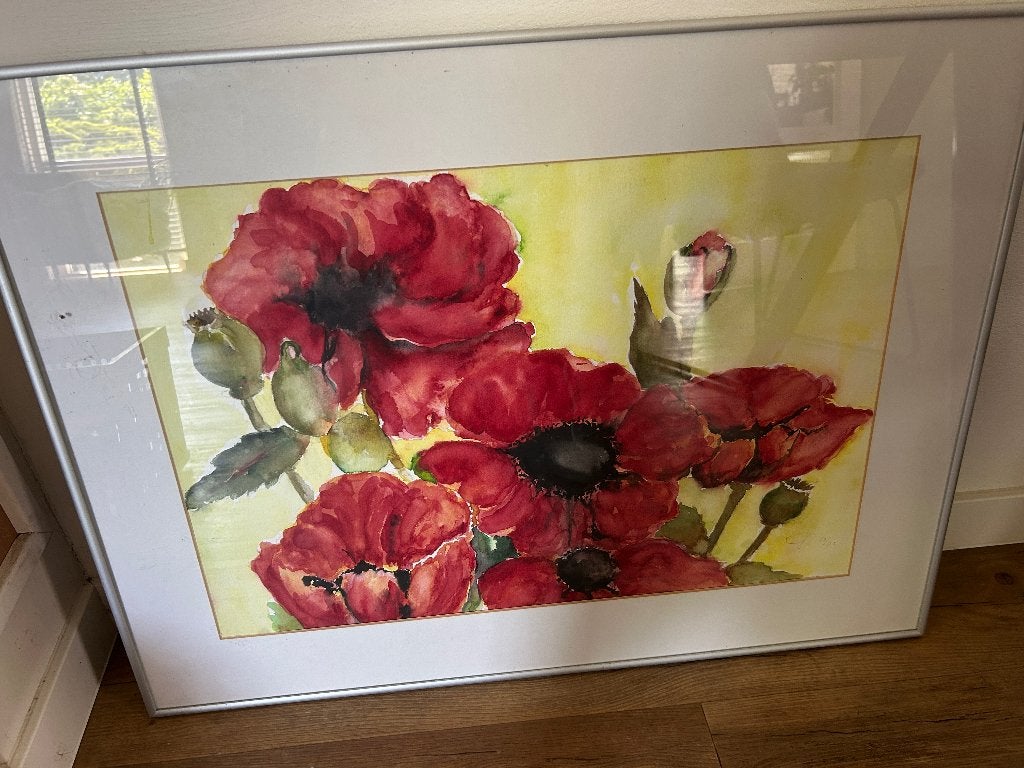 schilderij met klaprozen met passepartout en lijst, Ophalen, 50 tot 75 cm, Zo goed als nieuw, Schilderij