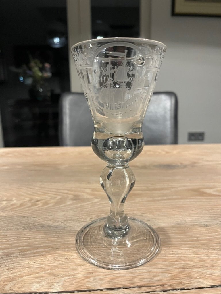 Antiek gegraveerd wijn glas - Het welvaaren schip - 18e eeuw, Antiek en Kunst, Ophalen of Verzenden