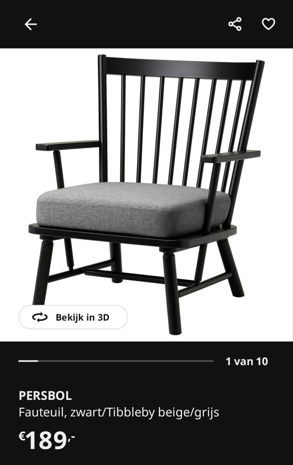 Ikea fauteuil zwart Persbol, Ophalen, Zo goed als nieuw, 75 tot 100 cm, 50 tot 75 cm